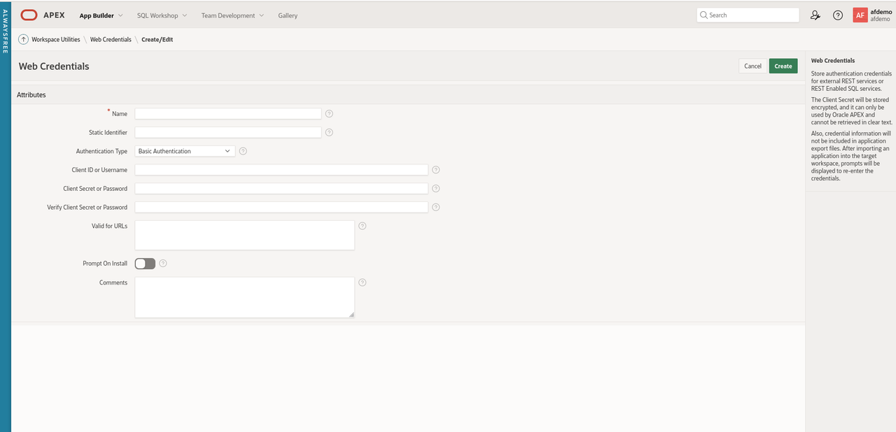 Create Web Credentials WC Create