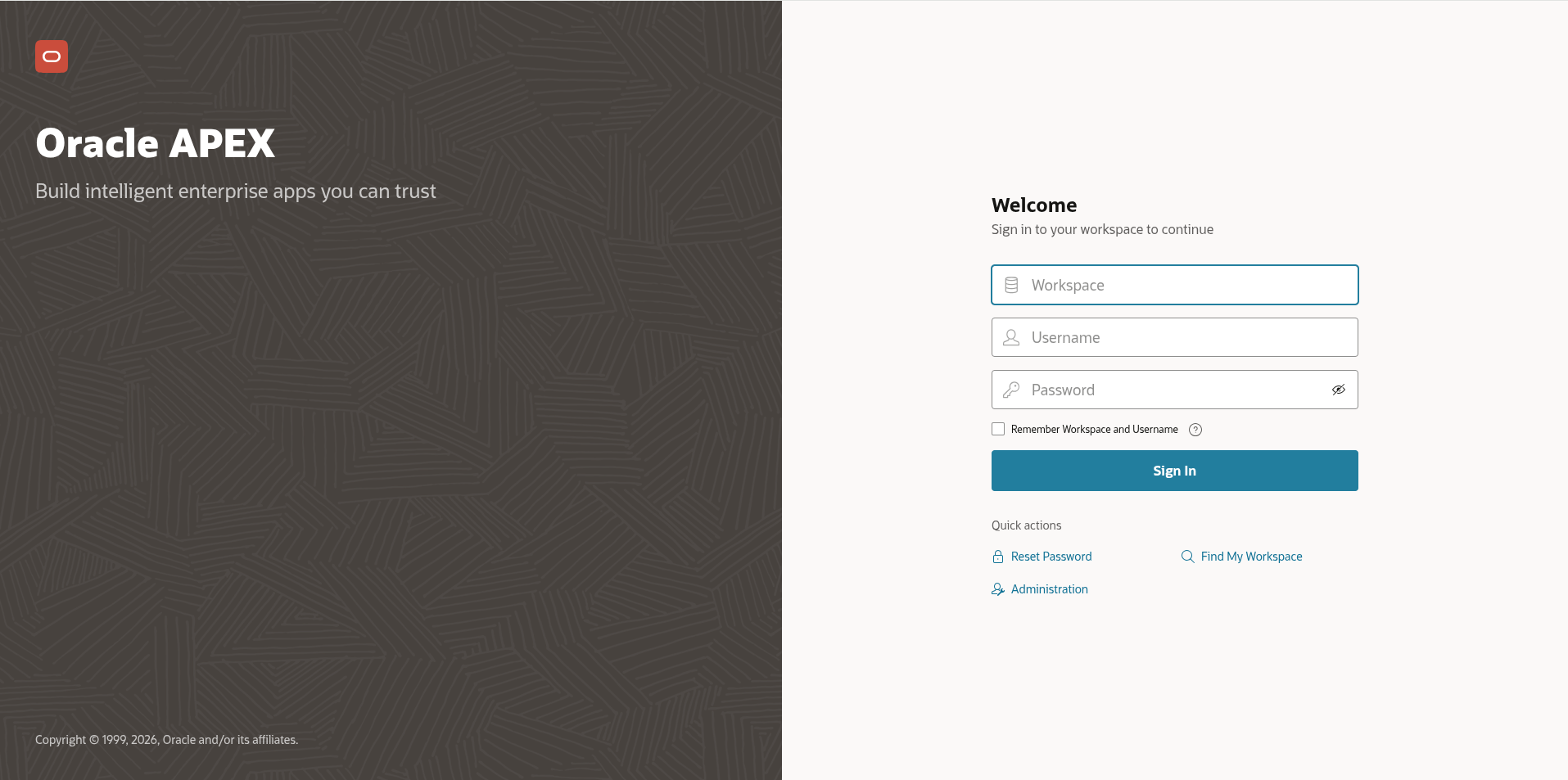 APEX 26 Login page APEX Login Screen