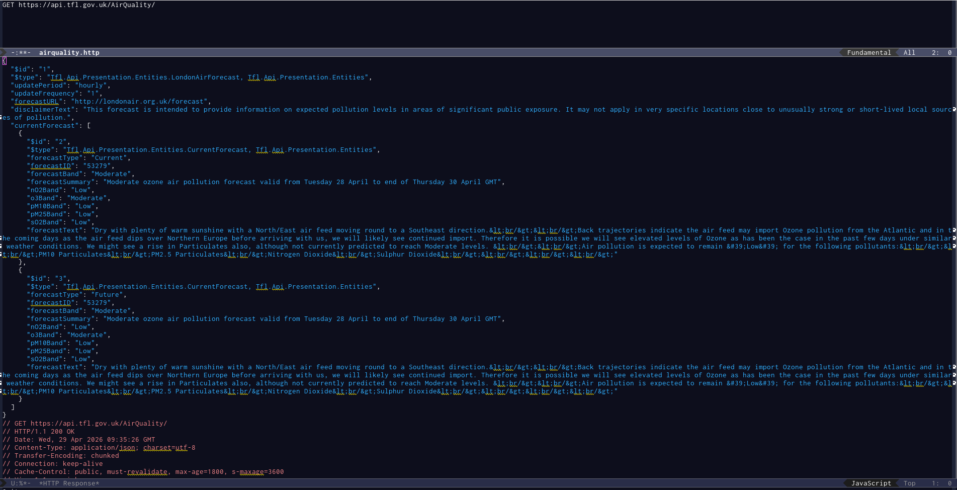 Air Quality Emacs restclient