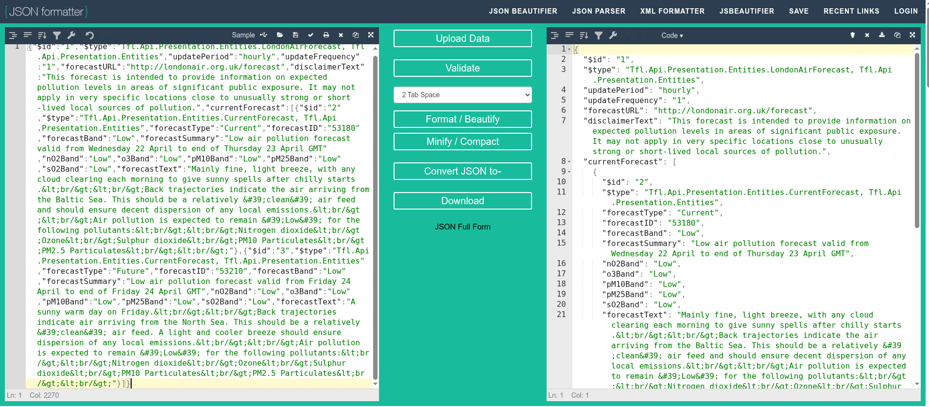 Air Quality JSON formatter